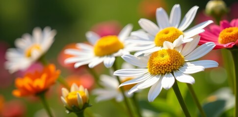 Fototapeta premium Close-up of vibrant daisy flowers in full bloom in a sunny garden, gardening, petals, nature