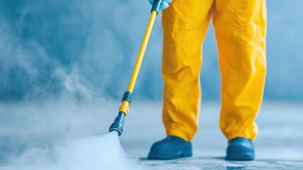 Pressure washing service commercial building cleaning activity urban environment close-up view professional technique