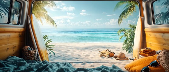 Travel holiday scene, van with surfboards, beach towels, sunglasses, and beach accessories, stunning sea view, summer vibes, 3D rendering, ultrarealistic, 8K
