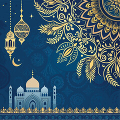 A Blue And Gold Ornate Background With Intricate Patterns Suitable For Festive Occasions In

