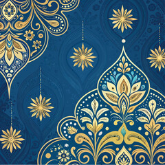 A Blue And Gold Ornate Background With Intricate Patterns Suitable For Festive Occasions In

