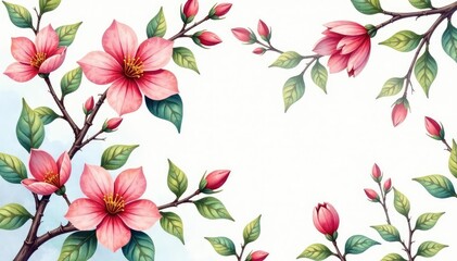 Watercolor floral repeat, blooming buds on vine, delicate, botanical