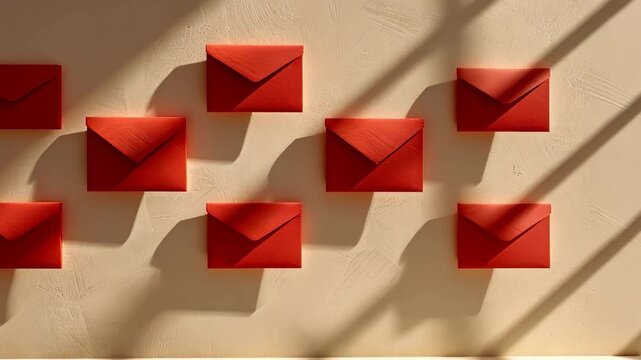 Red Envelopes Arrangement on Textured Wall Shadows and Patterns Evoke Creativity and Organization in Design