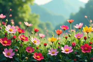 Obraz premium Delicate, densely packed wildflowers, forming a continuous motif , field, print, light