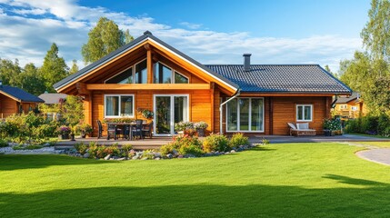 A Scandinavian cabin-style house with a slanted roof, wooden exterior, and a peaceful surrounding. Clear sky and clean copy space.