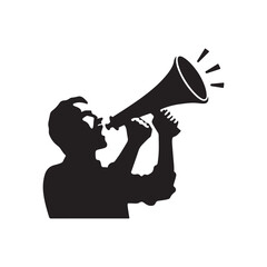 man with loudspeaker horn black silhouette isolated on white background