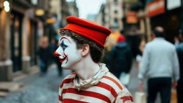 Mime artist entertaining passersby during Edinburgh Fringe Festival, whimsical, interactive, playful