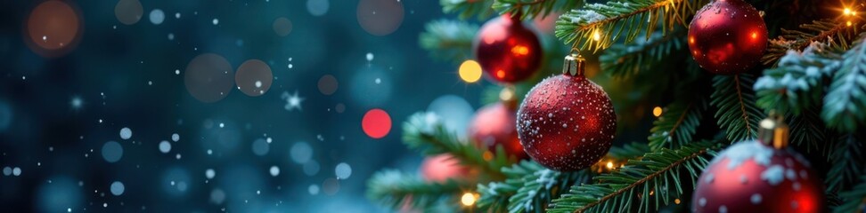 Fototapeta premium Snowflakes falling on a Christmas tree with colorful lights and ornaments , snowflakes, snowy