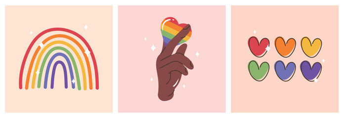 Set of minimalistic doodle posters for Pride Day. Rainbow with LGBTQ pride flag colours. Square vector illustrations