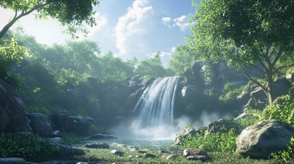 A tranquil waterfall surrounded by rocks and green trees, with mist rising from the base. The vast sky above offers ample copy space.