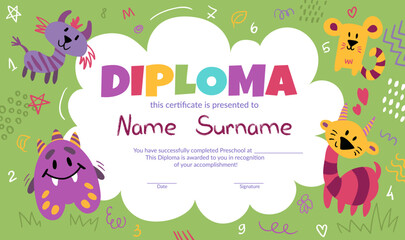 Colorful school and preschool diploma certificate for kids and children in kindergarten or primary grades with cute and kind monsters. Vector cartoon flat illustration with doodles and crayon scribble