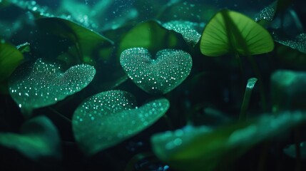 Fototapeta premium Heart-shaped leaves, dewy, vibrant green, underwater
