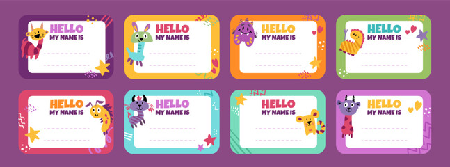Name tag set for kids with funny cute monster characters and place for text. Vector illustration with colorful and clean design. Sticker frame with kind and playful aliens.