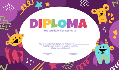 Certificate with cute monsters. Colorful school and preschool diploma for kids and children in kindergarten or primary grades with doodle elements on doodle background. Vector cartoon illustration