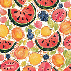 Vibrant, whimsical doodle-style border composed of assorted fruits, featuring watermelon slices with dark green rinds and juicy pink centers, tiny blueberries with subtle shading, and peaches with sof