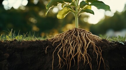 Young plant roots in soil, garden