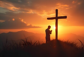 Silhouette Prayer Under Cross at Sunset