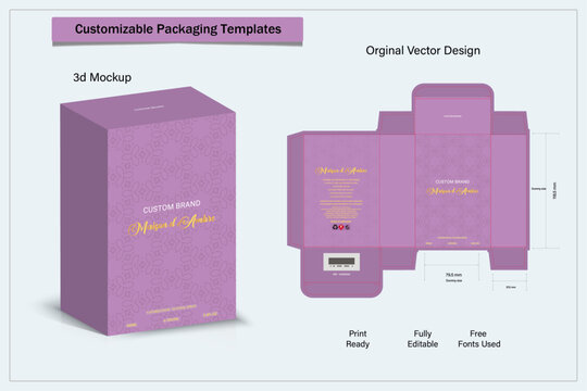 Box packaging die cut template design. 3d mock-up labels,icon,frames, for packaging,design of luxury products. for perfume, soap, wine, lotion.Made with golden foil.Isolated on brown background. vecto
