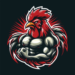 Cartoon Rooster with Large Muscles Flexing in Red and Gray © UMMI