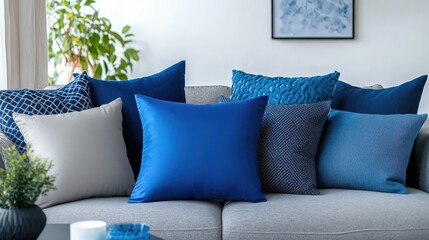 Decorative throw pillows in various shades of blue and gray placed on a modern couch. Copy space in background.