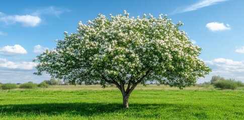 Fototapeta premium A flowering tree stands in a lush green field under a bright blue sky, showcasing a vibrant and serene natural landscape.