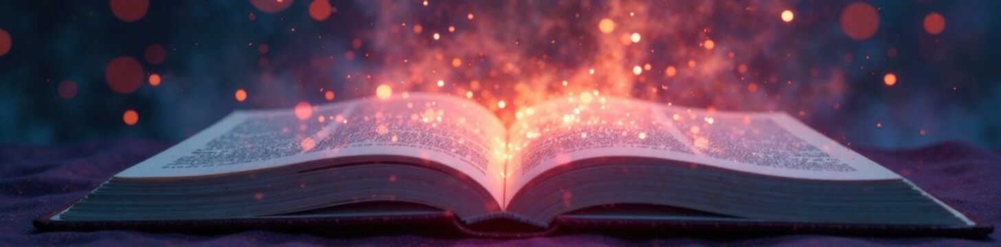 Mystical tome radiates soft luminescence, as pages unfold slowly, illuminated, spellbook, mystic