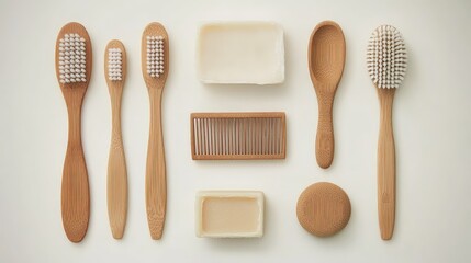 Flat lay of eco-friendly bathroom accessories including bamboo toothbrushes, wooden comb, and organic soap. Copy space in center.