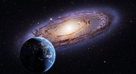 Obraz premium Cosmic Embrace: Earth's Galactic View AI Generated