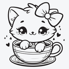 Cartoon white kitten with a bow is sitting in a Cup stock illustration