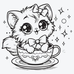 Cartoon white kitten with a bow is sitting in a Cup stock illustration