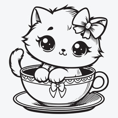 Cartoon white kitten with a bow is sitting in a Cup stock illustration