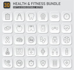Comprehensive health and fitness icon collection promoting wellbeing and active lifestyle