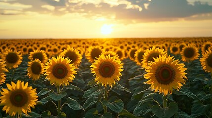 Fototapeta premium A vibrant sunflower field stretching to the horizon under a golden sunset.