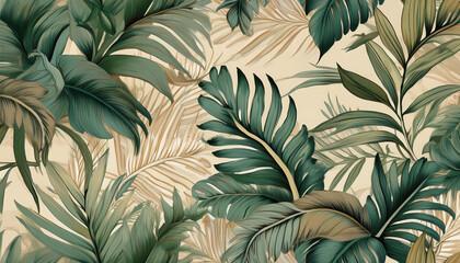 vintage tropical jungle pattern for seamless wallpaper fabric texture tapestry background green beige muted colors