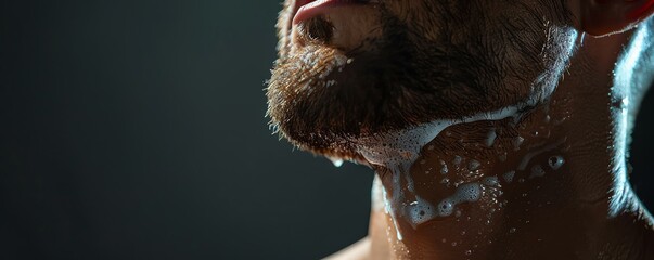 A close-up image of a man with a well-groomed beard, showcasing the details of shaving and grooming with soap lather on the skin.
