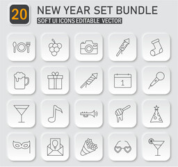 Minimalist New Year Celebration Icons Set in Neumorphism Style Design Vector