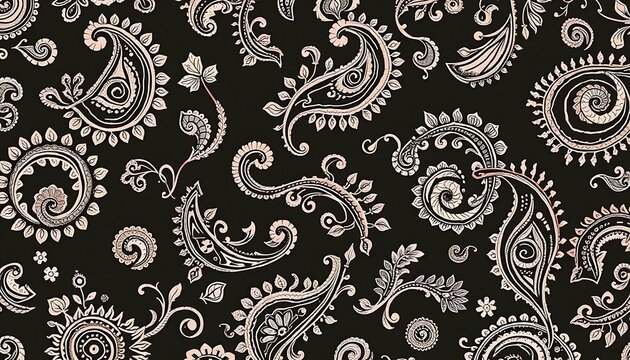 Elegant hand-drawn paisley pattern on dark background, vintage style textile