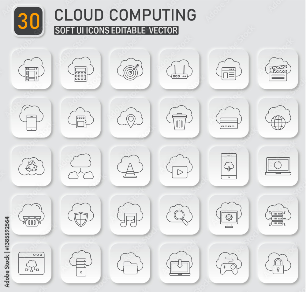 Poster modern cloud computing service icons collection with soft ui editable vector
