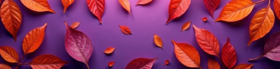 Pattern of dry orange metallic leaves on violet background, violet background, autumn leaf