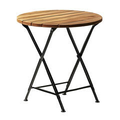 Small round wooden folding table with black metal legs.