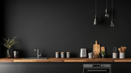 Sleek modern kitchen with stainless steel appliances, wooden countertops, and ceramic mugs. Clean copy space.
