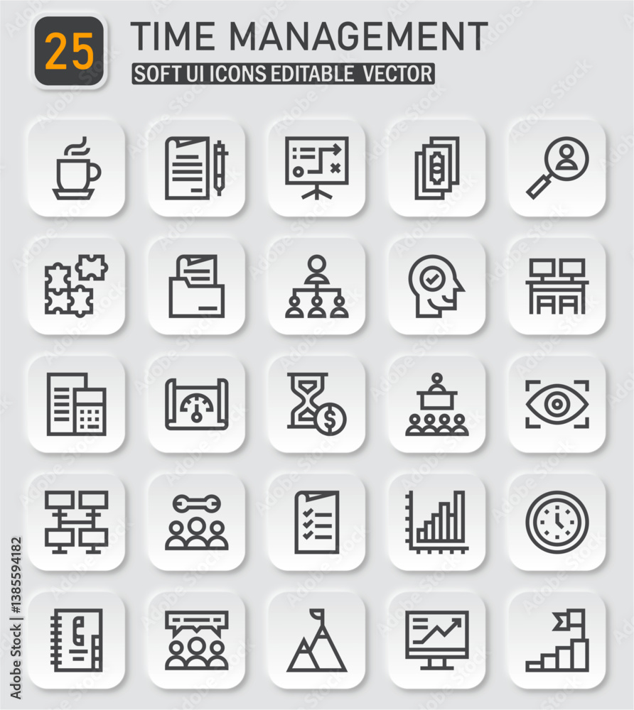 Poster time management soft ui icon set: streamlined workflow and productivity essentials