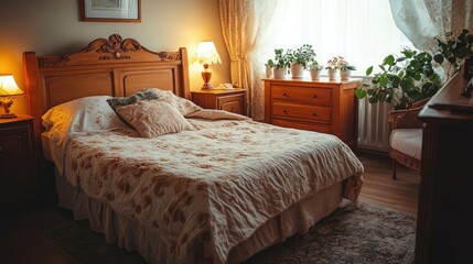 Vintage-style bedroom with ornate bed frame, wooden dresser, and soft lighting. Ample copy space for design use.