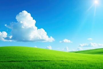 Fototapeta premium Serene landscape under bright blue sky with fluffy white clouds drifting lazily across it , serene landscape, natural scenery