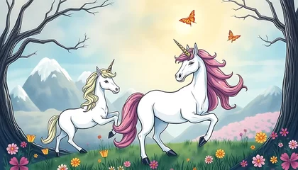 Magical unicorns under the sun with butterfly in a fantasy landscape drawing