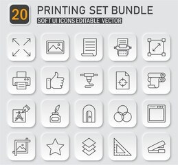 Modern printing and design icon collection featuring twenty soft ui style elements