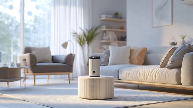 A digital home assistant, living room with AI-powered home assistant organizing tasks for the family, Home-tech style