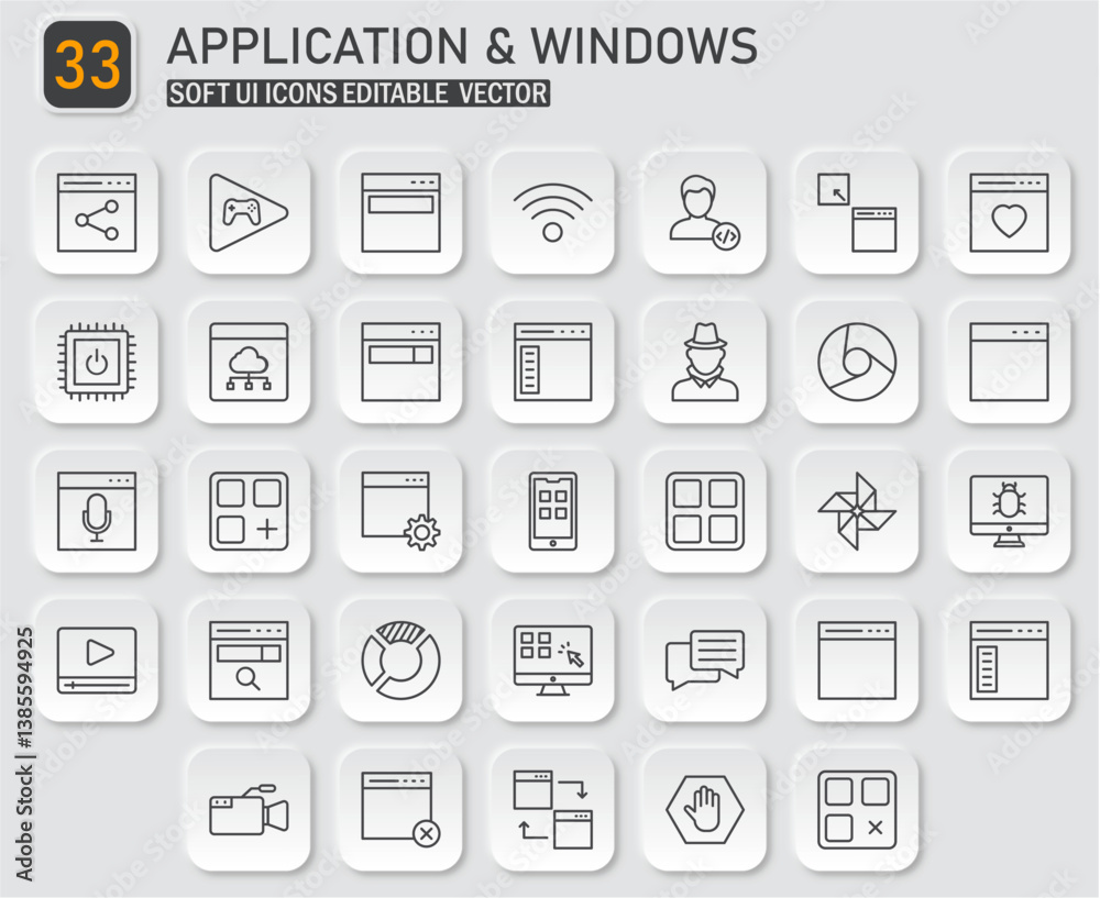 Poster soft ui outline icon collection depicting application, program and windows features