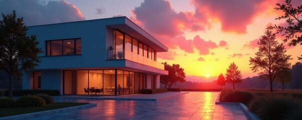 Obraz premium Simple office building at sunset, modern, cityscape