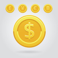 Golden coin collection illustrate with currency in 3D style for multimedia design.